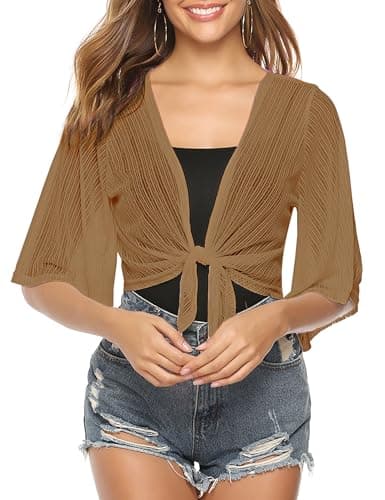 iClosam Women Sheer Shrug Tie Front 3/4 Sleeve Cropped Bolero Shrug Cardigan - Image 1