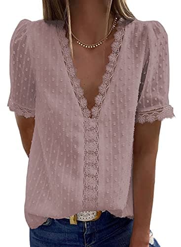 Dokotoo Womens Tops Cute Lace Crochet V Neck Flowy Short Sleeve Shirts for Women Summer Blouses Solid Casual Loose T Shirts Pom Pom Chiffon Tops Pink M - Image 1