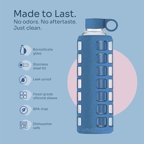 purifyou 40oz / 32oz / 22oz / 12oz Borosilicate Glass Water Bottle with Time & Volume Markers, Silicone Sleeve, Stainless Steel Lid – Reusable Glass Bottle for Water & Juice (32oz Chinese Porcelain) - Thumbnail 4