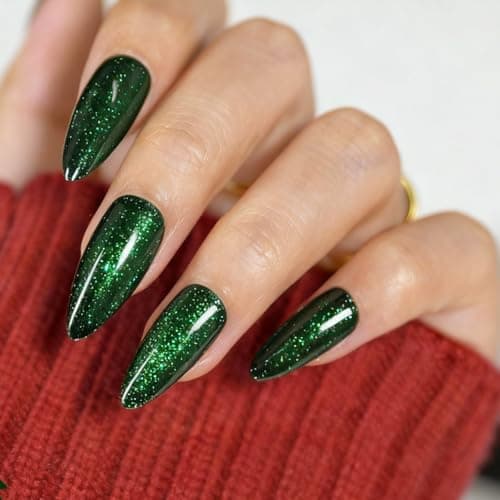 Green Cat Eye Press on Nails Almond Medium Fake Nails Sparkly Glitter Black False Nails Press ons Designs Gradient Gel Glue on Artificial Nails for Women Manicure 30Pcs - Image 1