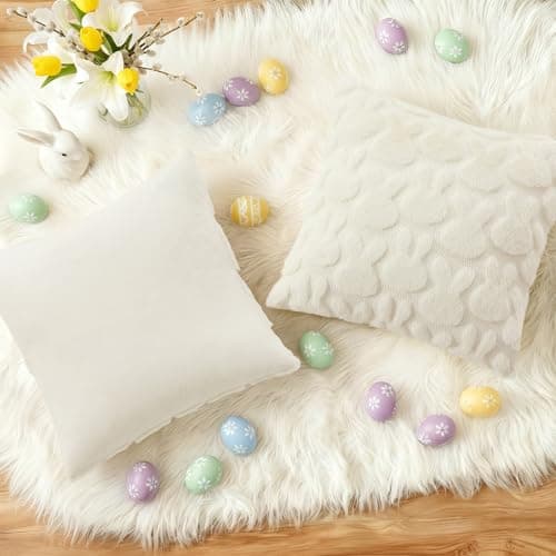 decorUhome Cream White Faux Fur Bunny Throw Pillow Covers 18x18 Set of 2 - Thumbnail 5