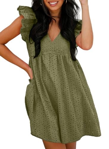 Dokotoo Green Dresses for Women Summer Eyelet Lace Dress Casual V Neck Mini A Line Hollow Out Embroidered Formal Dress Sundresses Ruffle Sleeve Flowy Midi Dress Large - Image 1