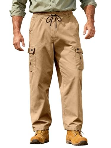 TAFLE Men's Cargo Work Pants Casual Relaxed Fit Twill Sweatpants with Elastic Waist for Men Khaki - Image 1