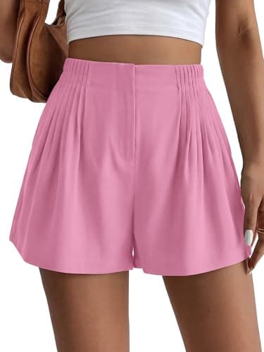 BTFBM Womens Shorts Casual 2026 Spring Summer Elastic High Waisted Pleated Cotton Shorts Beach Vacation Outfits Pockets(Pink, Small) - Image 1