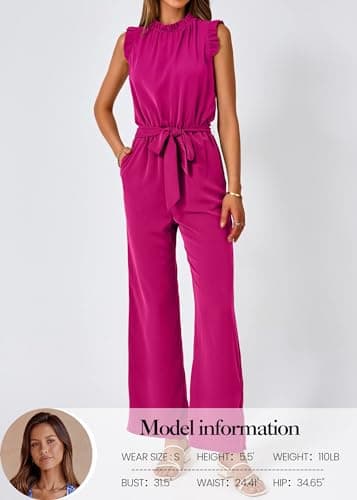 KIRUNDO Jumpsuits For Women Dressy Summer One Piece Sleeveless Ruffle Mock Neck Belt Pockets Formal Wide Leg Pants Romper(Rose Red, X-Large) - Thumbnail 2