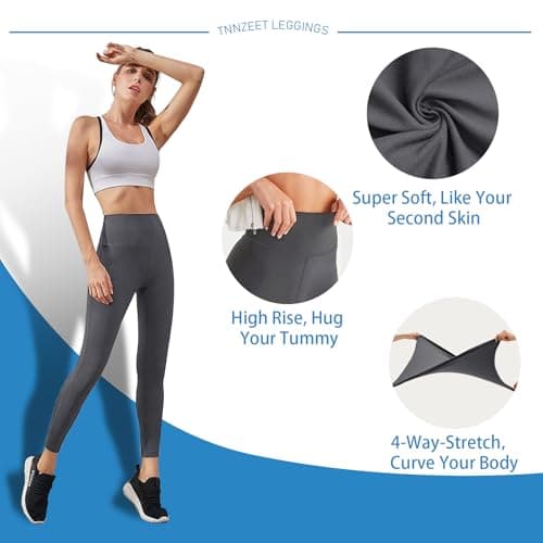 High Waisted Leggings for Women - No See Through Tummy Novelty Workout Yoga Pants with Pockets Reg & Plus Grey - Thumbnail 3