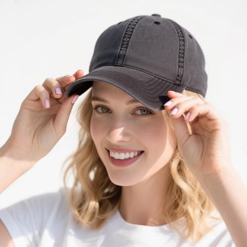Oeyliz Baseball Cap Women Baseball Hat Vintage Washed Distressed Cap One Size Men Women Running Fishing Workouts Outdoor Adjustable Plain Hat Black - Image 1