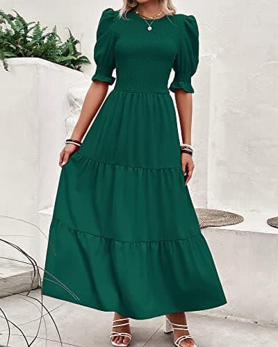 BTFBM Women Casual Summer Dresses 2025 Spring Crew Neck Ruffle Short Sleeve Floral Print Smocked Boho Flowy Maxi Dress(Solid Dark Green, Medium) - Thumbnail 2