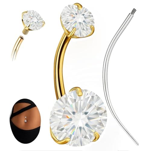 hooppoo Sparkling Moissanite Belly Button Ring, 14G G23 Surgical Grade Titanium with 14K Gold Plated | Internally Threaded & Hypoallergenic for Sensitive Skin | Unisex Body Jewelry (Gold) - Image 1