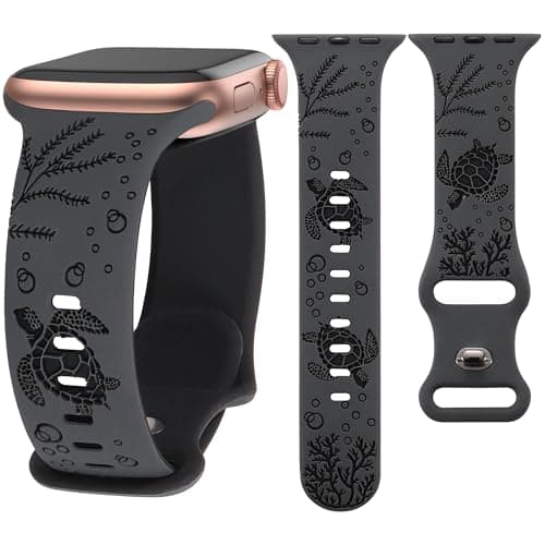 HMFCBFSS Engraved Cute Sea Turtle Band Compatible with Apple Watch Bands for Women Men 38mm 40mm 41mm 42mm, Stylish Two-Tone Floral Soft Silicone Sport Strap Fit iWatch Series 11 10 Se 9 8 7 6 5 4 3 2 1 (Coal ash/Black, 38mm/40mm/41mm/(42mm-Series 11 10) - Image 1
