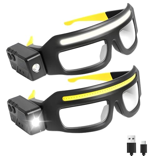 TFFUAM LED Rechargeable Headlight Glasses with Motion Sensor & Touch Control, Safety Glasses with Lights 5 Modes USB C Light Up Glasses for Outdoor Running Camping Hiking Work (2 Pack Yellow)