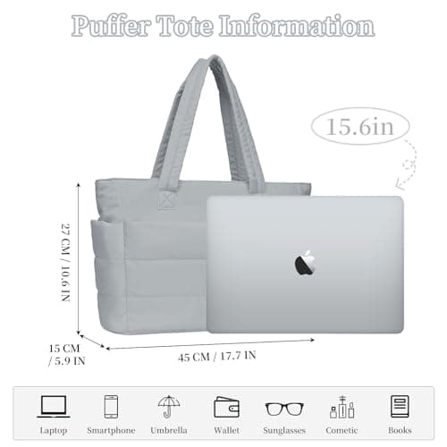 JHhomezeit Puffer Tote Bag for Women-Large Work Tote Bags Quilted Lightweight Puffy Bags Shoulder Bag with Laptop Compartment Gray - Thumbnail 3