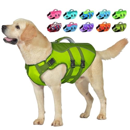 Dog Life Jacket, High Buoyancy Dog Life Vest with Handle for Swimming Boating, Adjustable Swimming Vest with Reflective Trim for Small Medium Large Dogs - Army Green, L - Image 1