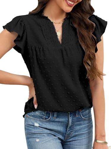 ECOWISH Womens Summer Tops Dressy Casual Ruffle V Neck Short Sleeve Blouses Swiss Dot Flowy Shirt Trendy 2026 Black Small - Image 1