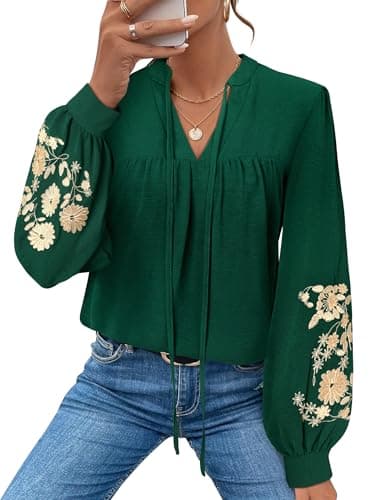 LOOKBOHO Women's Casual Floral Embroidered Puff Long Sleeve Tops Trendy Pleated V Neck Tie Front Boho Blouses Loose Shirts XL