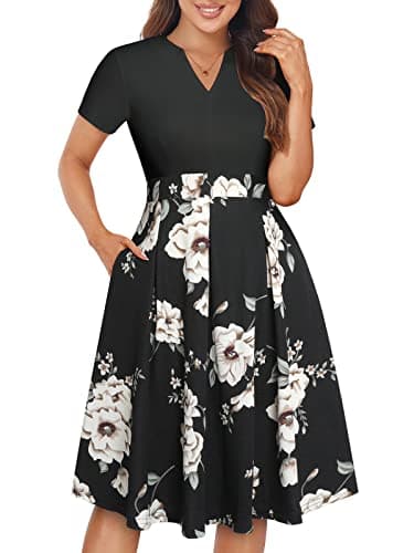 YATHON Womens Black Khaki Floral Patchwork Dresses Vintage V Neck 2024 Summer Business Office Work Party Casual Dress with Pockets(YT228-Black Khaki P2,M) - Image 1