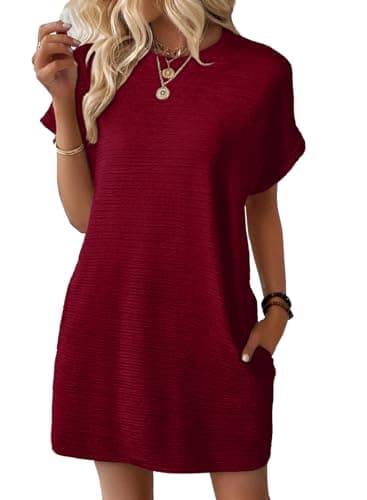 EVALESS Summer Dresses for Women 2026 Casual Short Sleeve Spring Mini Dress Crewneck Solid Beach Vacation Tshirt Dresses with Pockets Burgundy X-Large - Image 1