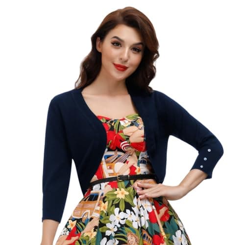 Belle Poque Womens 3/4 Sleeve Bolero Shrug Open Front Knit Cropped Cardigan(Navy Blue L) - Image 1
