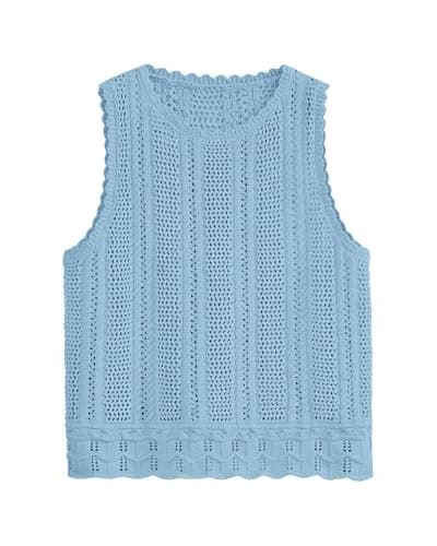 KIRUNDO Beach Cover Ups for Women 2025 Summer Crochet Knit Sweater Vest Mesh Hollow Out Crop Sleeveless Shirts Swimsuit(Sky Blue, Small) - Image 1
