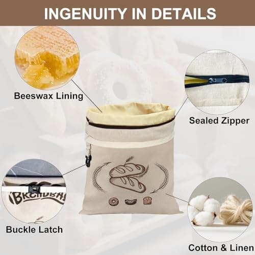 FONDFRAMORY Beeswax Bread Bags for Sourdough, Large Size Sourdough Bread Bags with Beeswax to Keep Freshness Longer, Washable and Reusable Sourdough Storage Bag (2 Pack) (Beige) - Thumbnail 3