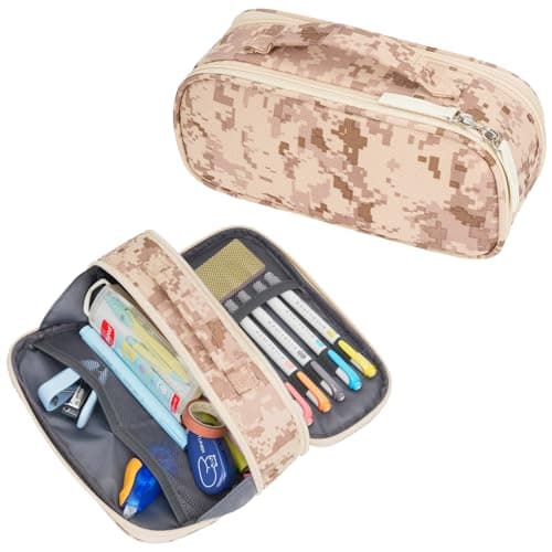 ECHSRT Tactical Pencil Case for Boy, Extra Large Capacity Camo Pencil Pouch for Men Adults, 3 Compartment Zipper Pen Case, Small Tool Bag Organizer for School Office Travel - Camo Brown - Image 1