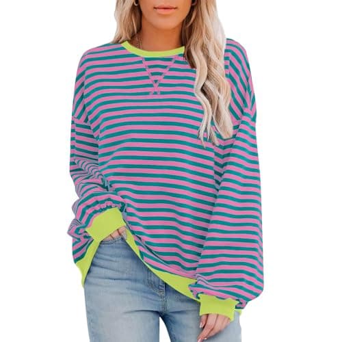 HDLTE Womens Oversized Striped Sweatshirt Crewneck Classic Color Block Long Sleeve Casual shirt Fashion Loose Pullover Tops Pink - Image 1