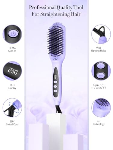 LANDOT Hair Straightener Brush for Damaged Hair - Keratin & Argan Oil Coated Bristles, Ionic Ceramic Straightening Brush to Reduce Frizz & Nourish Hair, Dual Voltage, 12 Temp 250-450F, Purple - Thumbnail 5