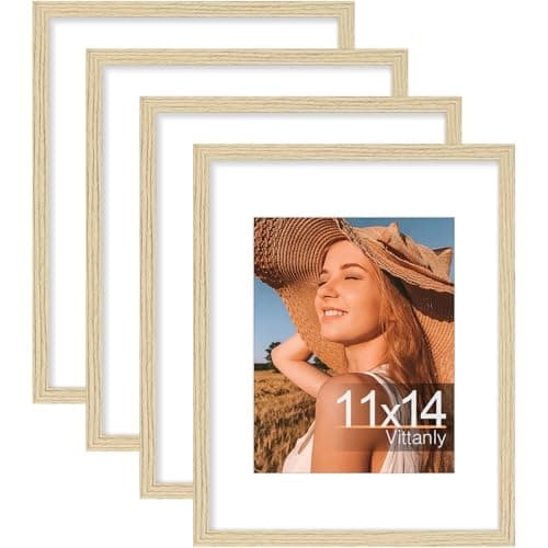 Vittanly 11x14 Picture Frame Set of 4, Display Pictures 8x10 with Mat or 11x14 without Mat, Gallery Wall Frame Set for Wall or Tabletop, Engineered Wood with Shatter Resistant Plexiglass, Natural