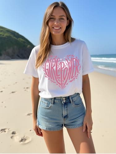 AiMgFUN Women's 2025 Summer Graphic T Shirts,Stylish Short Sleeve Tee, Printed Casual Top,Crew Neck Pink Heart White-XL - Thumbnail 3
