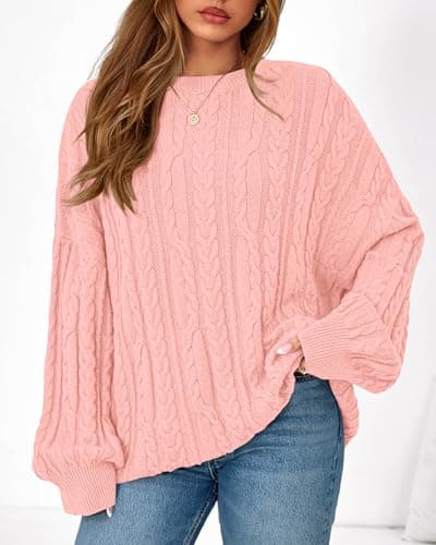 KIRUNDO Oversized Chunky Cable Knit Sweater Women 2026 Fall Fashion Cozy Long Sleeve Crewneck Pullover Winter Clothing(Pink, Medium) - Thumbnail 3