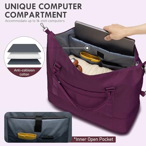 WOOMADA Weekender Overnight Bag for Women, Carry on Shoulder Travel Duffel with Shoes Compartment,Gym Bag with Toiletry Bag(purple) - Thumbnail 3
