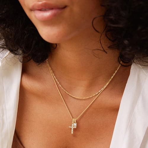 Fettero Gold Necklace for Women - Dainty Cross Necklace Detachable Tiny CZ Cross Pendant Non-Tarnish Faith Gold Necklace for Women Trendy Christian Religious Jewelry Gift - Thumbnail 6
