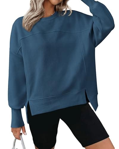 BTFBM Women's Casual Crewneck Sweatshirts 2026 Spring Long Sleeve Side Slit Workout Fleece Pullover Top Fashion Clothing(Dark Blue, Small) - Image 1