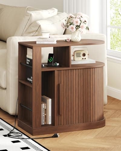 Cooday End Table with Magazine Holder - Fluted Accent Side Table with Charging Station & Sliding Door, Bedside Table with Storage, Mid-Century Modern Nightstand for Living Room, Bedroom, Walnut - Image 1