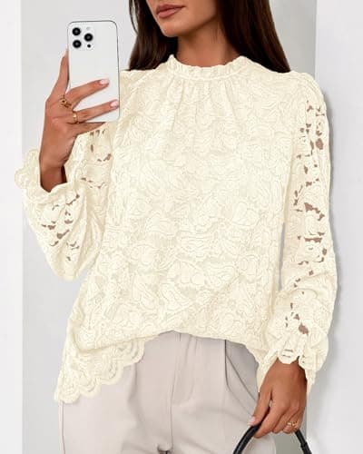 KIRUNDO Blouses for Women Dressy Casual Lace Long Sleeve Tops Mock Neck Ruffle Shirts 2026 Spring Fall Fashion Clothing(Apricot, Small) - Thumbnail 3