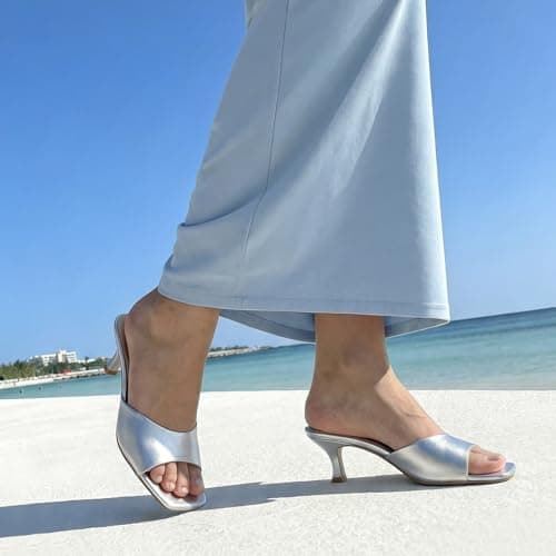 Athlefit Silver Kitten Heels for Women Square Open Toe Heeled Sandals Slip On Dressy Short Low Heels for Prom Size 9 - Thumbnail 3