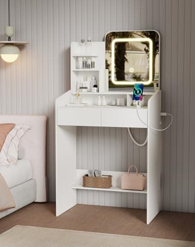 Favoduerme Small Makeup Vanity Desk for Girls with Lighted Mirror, 26.5” W Dressing Table with 2 Drawers and Power Outlet, 3 Light Modes & Adjustable Brightness, Vanity Table for Women Bedroom, White - Image 1