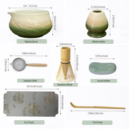 Losyslnt 7 Pcs Matcha Whisk Set - Complete Matcha Kit Set Includes Matcha Bowl with Spout, Bamboo Whisk with Holder, Scoop, Sifter, Scoop Holder, Tea Towel - Ideal Gift for Matcha Lovers (B-Green) - Thumbnail 4