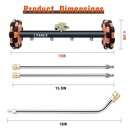 LTANLE 2-in-1 Can Move Horizontally Pressure Washer Undercarriage Cleaner Water Broom, 15" Surface Cleaner Power Washer Attachment with 4 Nozzles 3 Extension Rods andSpare Wheel，4000 PSI (15inch) - Thumbnail 6
