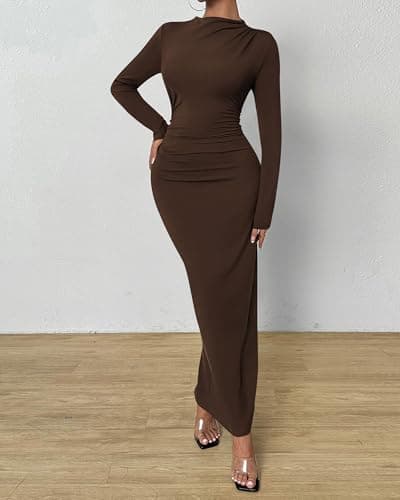 BTFBM Women Bodycon Maxi Dress Long Sleeve Back Slit Ruched Elegant Party Cocktail Formal Fall Wedding Guest Dresses(Brown, Medium) - Thumbnail 5