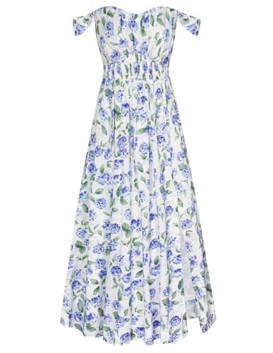 GRACE KARIN Summer Floral Dress for Women 2026,Off the Shoulder Smocked Bridesmaid Dresses,Formal Baby Shower Maxi Dresses White Blue Hydrangea XL - Thumbnail 3