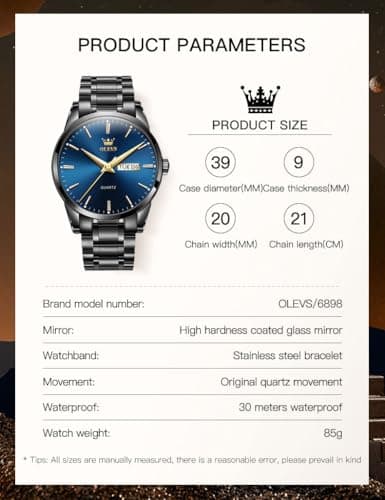 OLEVS Watch Men Black Stainless Steel Waterproof Blue Mens Watches Large Face Dress Casual Day and Date Watches for Men Luxury Wrist Watch for Man Classic Analog Quartz Reloj para Hombre - Thumbnail 6