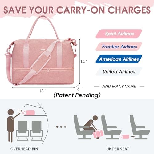 For Spirit Airlines 18x14x8 Personal Item Bag with USB Charging Port, Underseat Travel Duffel Bag with Wet Pocket & Shoes Compartment Carry On Luggage for Women Men (Pink) - Thumbnail 2