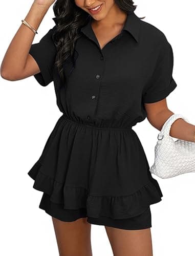 Angashion Womens Summer Shorts Romper: Self Tie V Neck Layer Ruffle Hem Romper Dress with Pockets 2492Black Small - Image 1