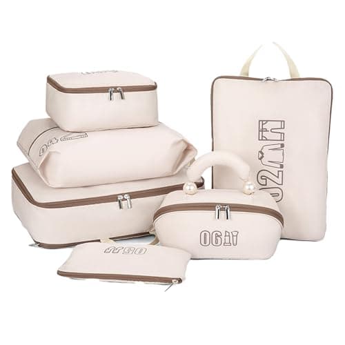6 Set Compression Packing Cubes for Travel, Gifts for Women Mom, Anti-Tearing Suitcase Organizer for Luggage with Shoe & Hanging Toiletry Bag, Vacation Essentials & Accessories for Cruise Ship, Khaki - Image 1