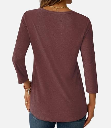 GKBK Womens Tops 3/4 Sleeve Shirts V Neck Casual Blouses Basic Loose Fit Pullover Tshirts Wine Red S - Thumbnail 4