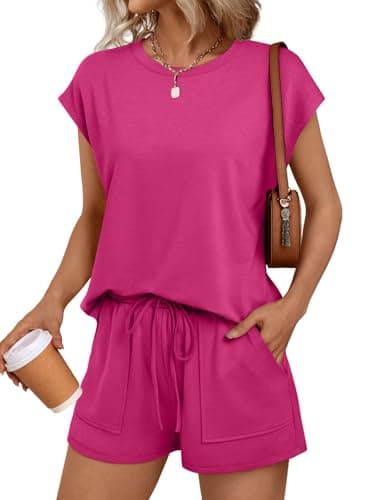 LILLUSORY Womens Lounge Two 2 piece Sets Summer Outfits 2026 Loungewear Matching Vacation Beach Travel Sweatsuits Sweat Tracksuits Pajamas Pjs Clothes Shorts Clothing Fashion Trendy Black Hot Pink L - Image 1