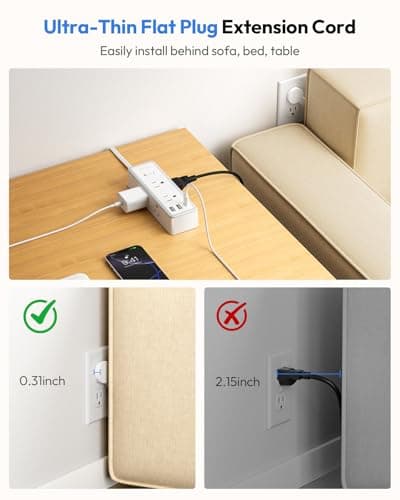 NTONPOWER Flat Plug Power Strip, 15 ft Extension Cord Surge Protector, 6 Widely AC Outlets with 3 USB Ports(1 USB C), Wall Mount, 3-Side Surge Protector Power Strip(1080J), Compact for Small Spaces - Thumbnail 5