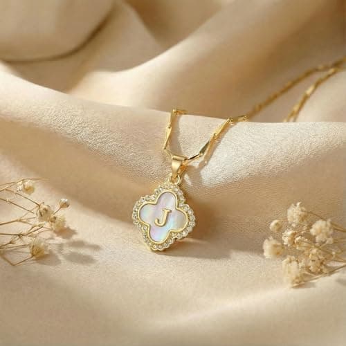 LETFLY Four Leaf Clover Initial Necklaces for Women, 14K Gold Plated Natural Shells Clover Letter Pendant, Alphabets J Necklace Jewelry Gifts for Women - Thumbnail 4
