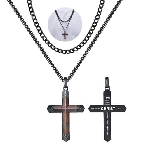 FLHEART 2Pcs Wooden Cross Necklace for Men, Bible Verse Real Ebony Inset In Black Stainless Steel Christian Wood Crucifix Pendant Includes Necklace 22-24" Box Chain Happy Easter Gifts - Image 1